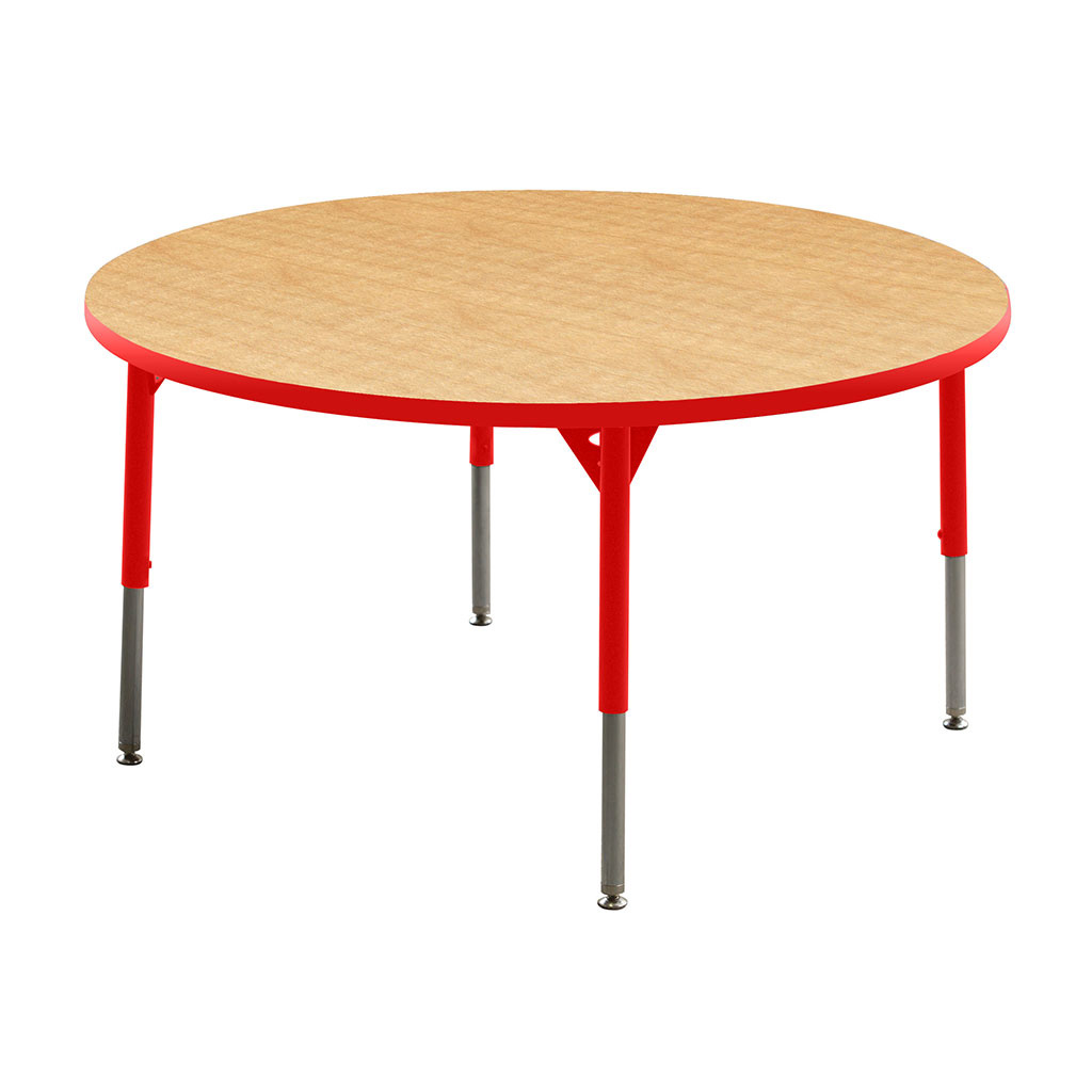 Aktivity Adjustable Table, 48", Round, Maple with Red, 17"-25" High