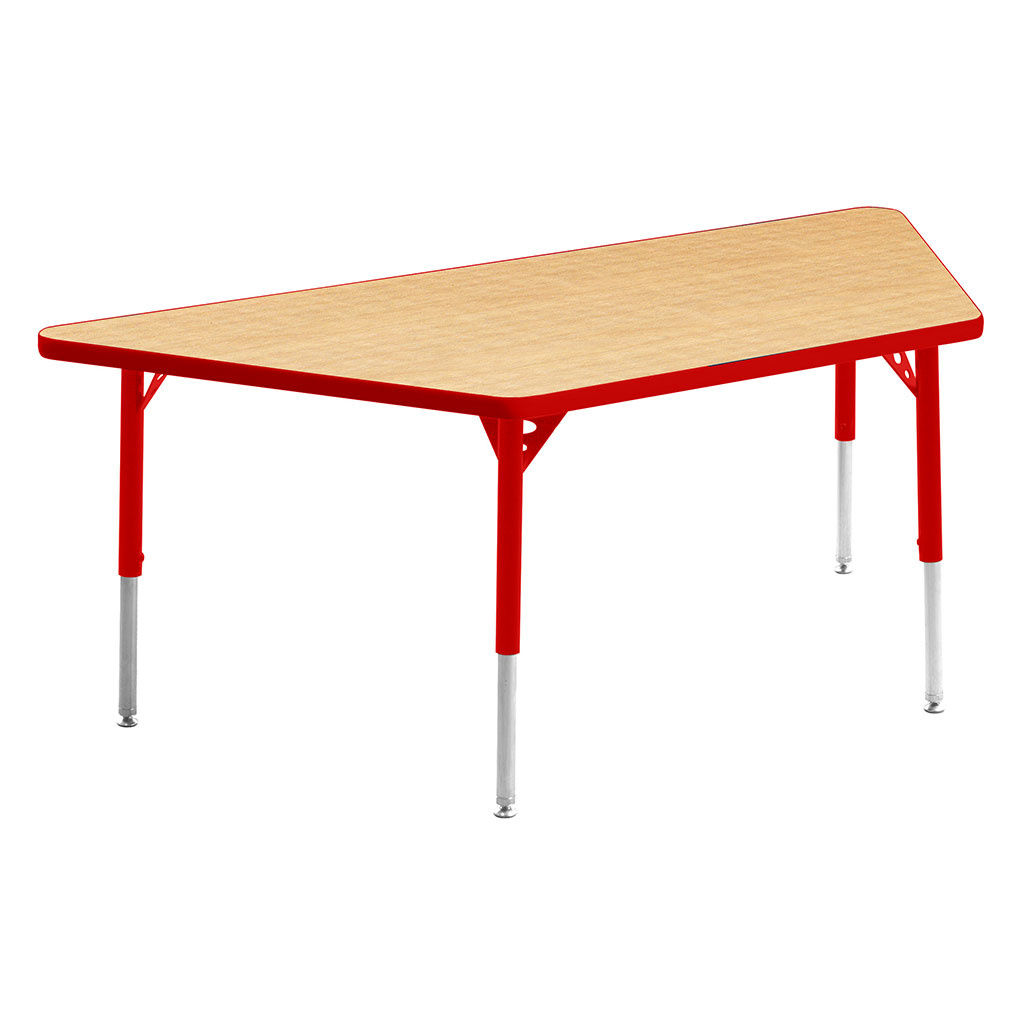 Aktivity Adjustable Table, 30" x 60", Trapezoid, Maple with Red, 17"-25" High