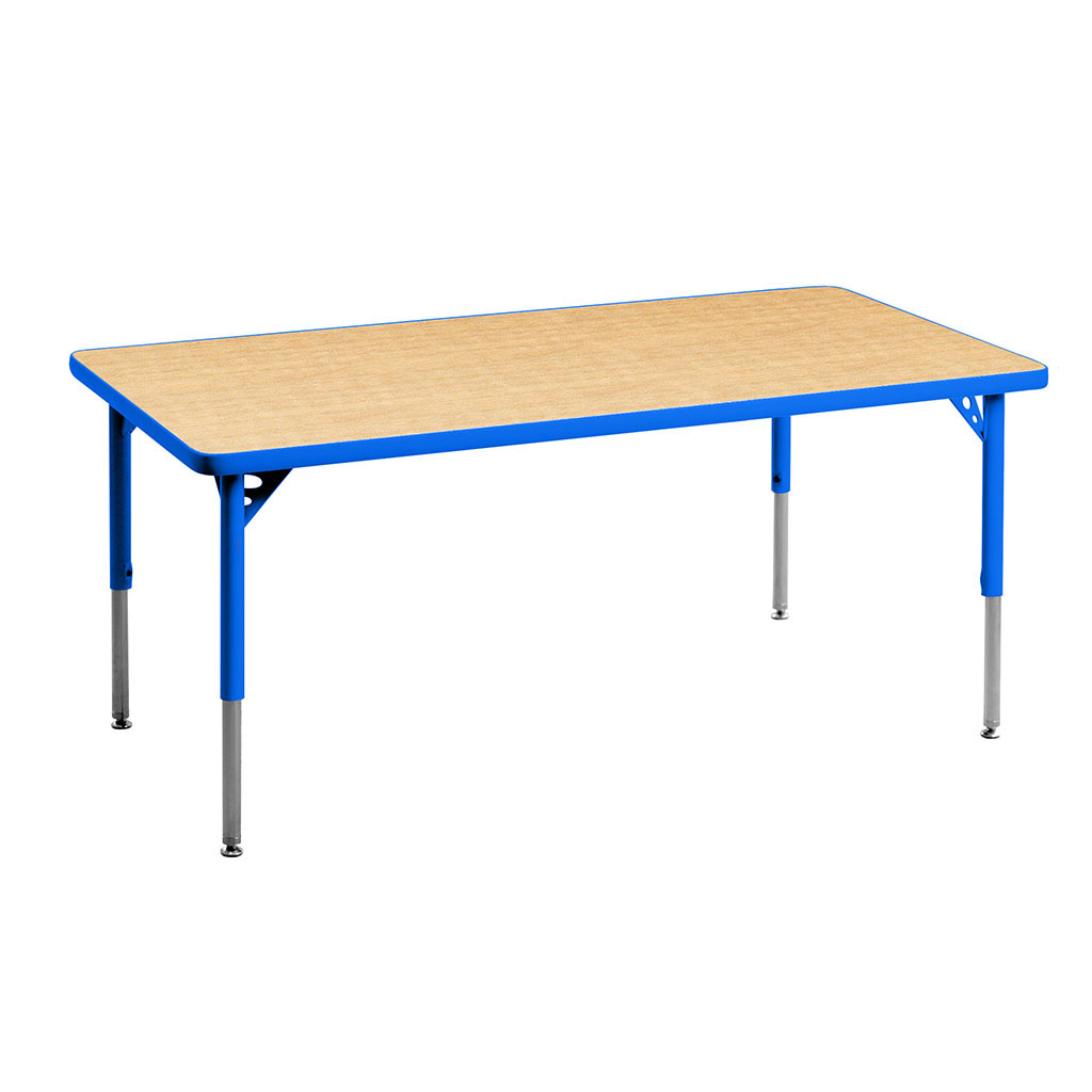 Aktivity Adjustable Table, 24" x 60", Rectangle, Maple with Blue, 17"-25" High
