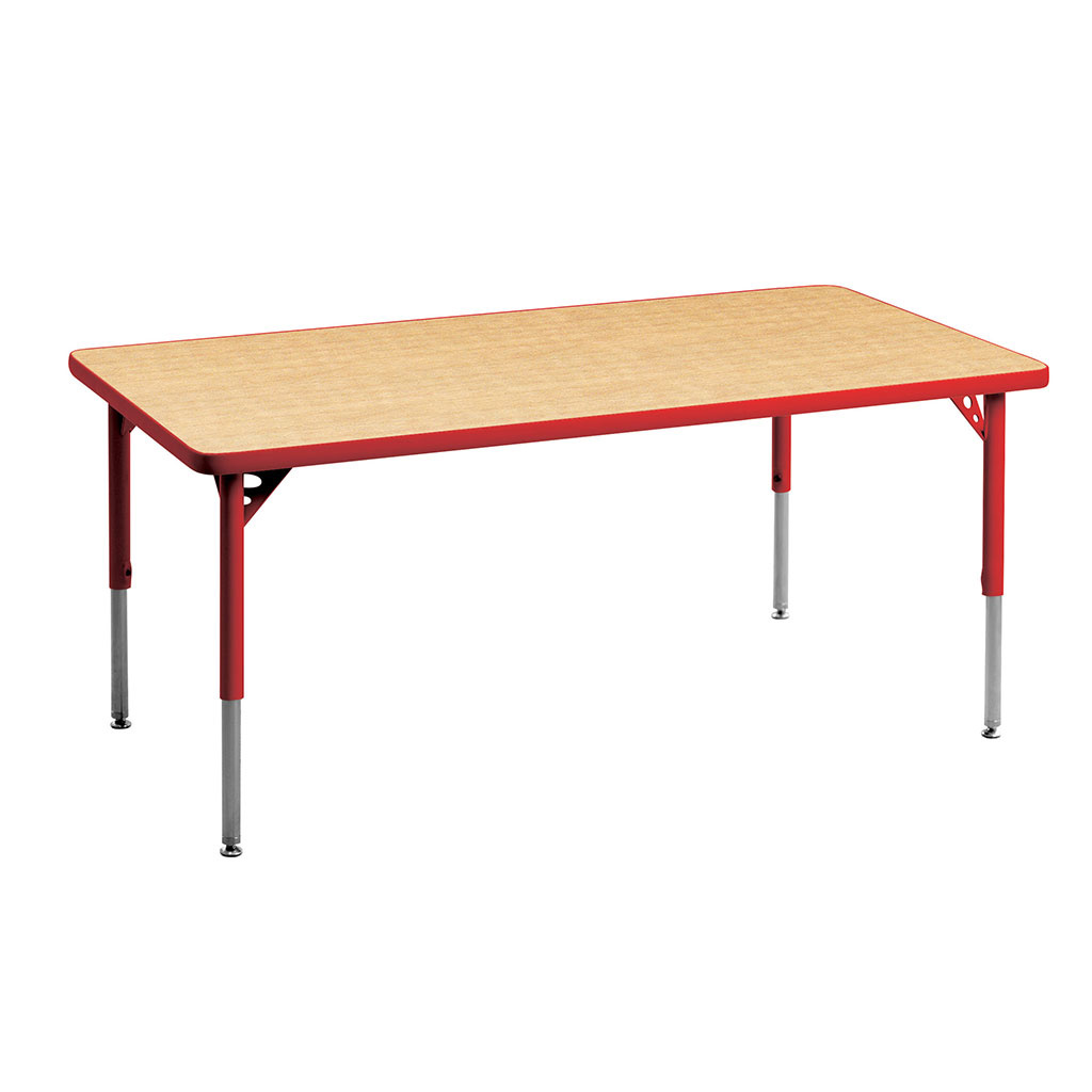 Aktivity Adjustable Table, 24" x 60", Rectangle, Maple with Red, 17"-25" High