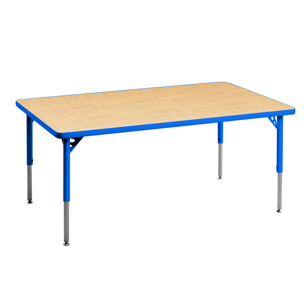 Aktivity Adjustable Table, 30" x 60", Rectangle, Maple with Blue, 17"-25" High