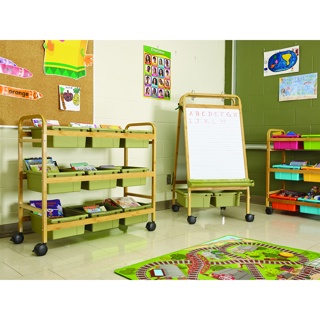 Bamboo Book Browser Cart with Sage Tubs